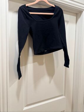 OQQ Black Long Sleeve Crop Top Square Neck Ribbed Basic Fitted Medium M